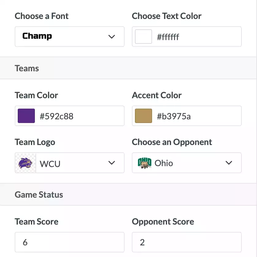 Inteface view from Box&nbsp;Out showing several customizable fields, including team colors, and opponent team